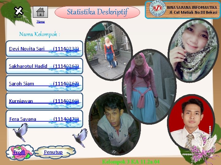 Statistika Deskriptif keluar Home Nama Kelompok : Devi Novita Sari (11140333) Sakharotul Hadid (11140363)