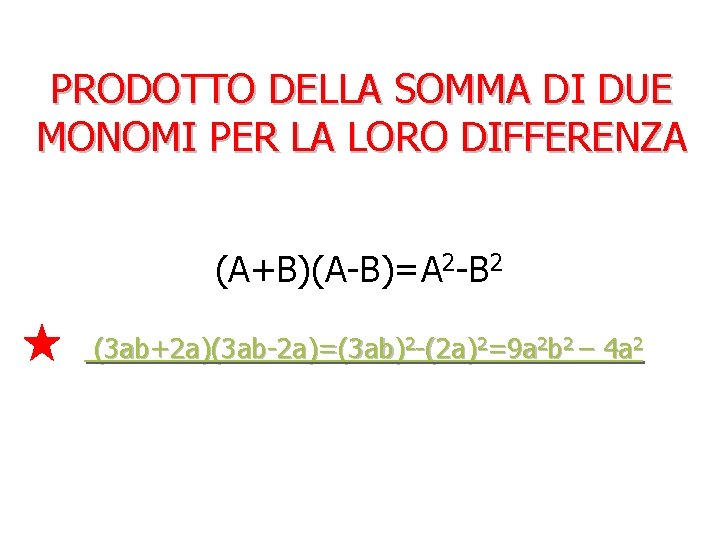 PRODOTTO DELLA SOMMA DI DUE MONOMI PER LA LORO DIFFERENZA (A+B)(A-B)=A 2 -B 2