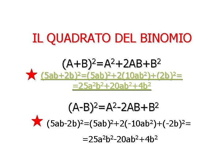 IL QUADRATO DEL BINOMIO (A+B)2=A 2+2 AB+B 2 (5 ab+2 b)2=(5 ab)2+2(10 ab 2)+(2