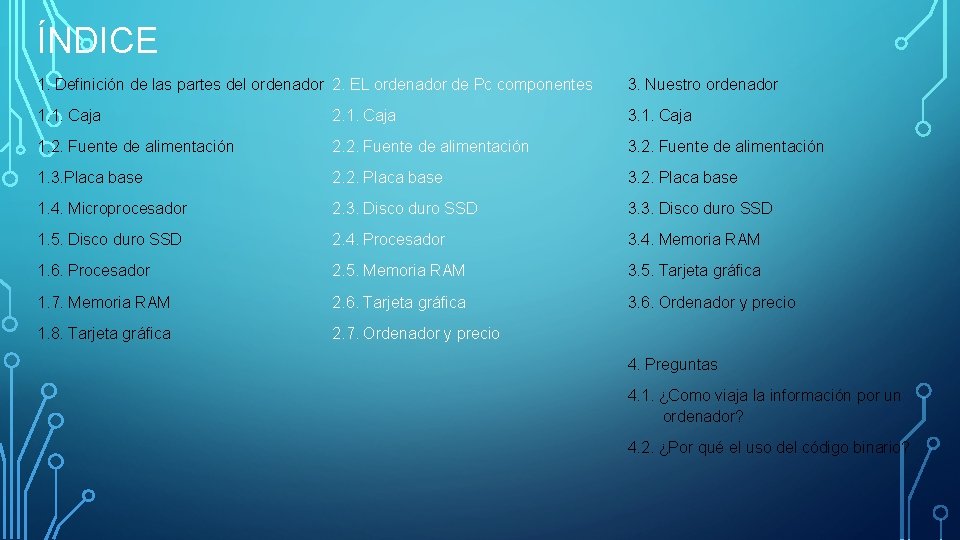 ÍNDICE 1. Definición de las partes del ordenador 2. EL ordenador de Pc componentes