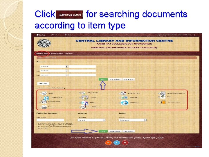 Click for searching documents according to item type 