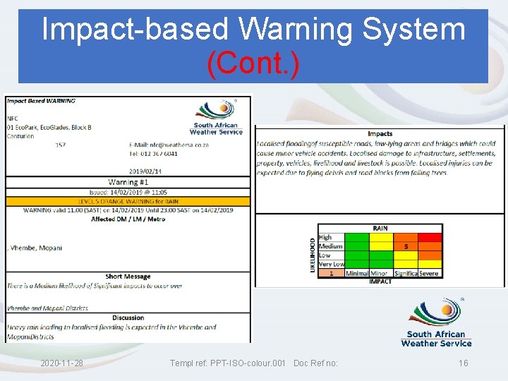 Impact-based Warning System (Cont. ) 2020 -11 -28 Templ ref: PPT-ISO-colour. 001 Doc Ref