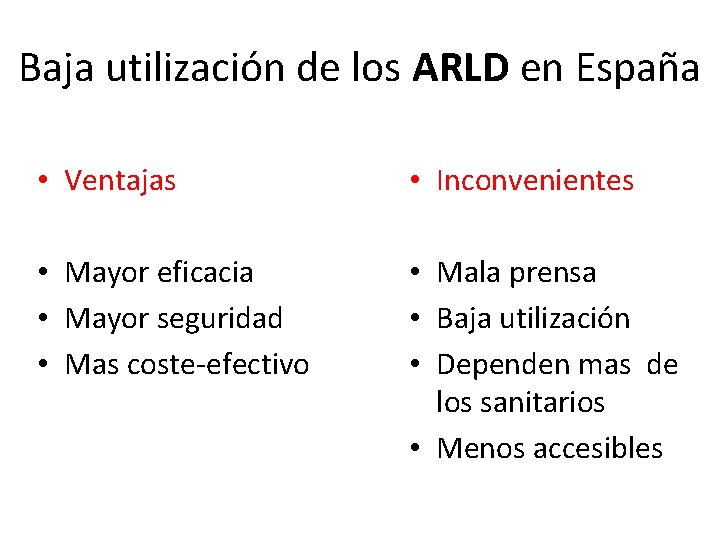 Baja utilización de los ARLD en España • Ventajas • Inconvenientes • Mayor eficacia