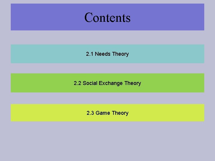 Contents 2. 1 Needs Theory 2. 2 Social Exchange Theory 2. 3 Game Theory