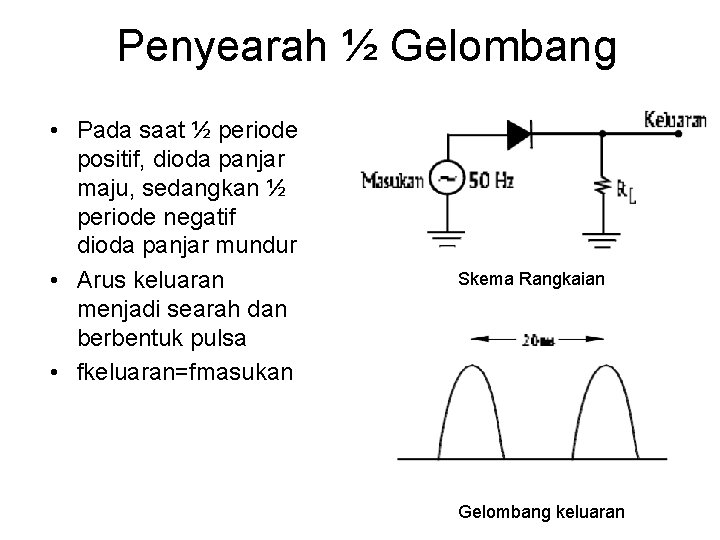 Penyearah ½ Gelombang • Pada saat ½ periode positif, dioda panjar maju, sedangkan ½