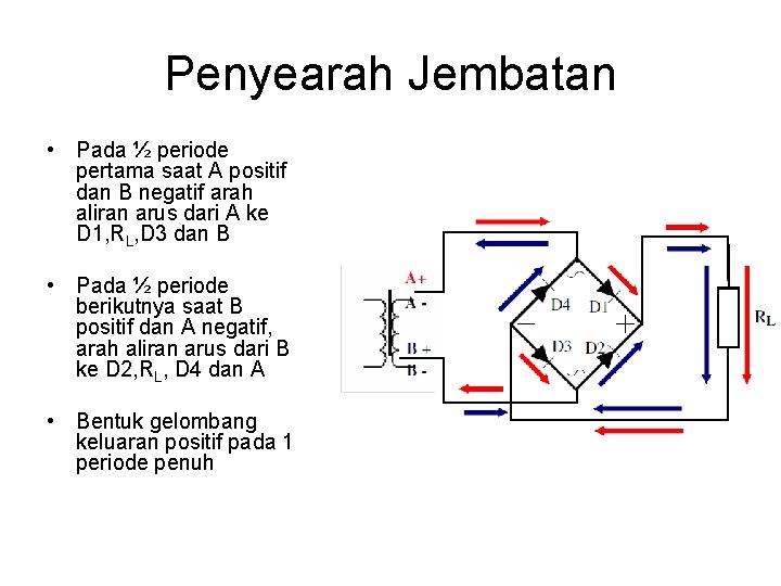 Penyearah Jembatan • Pada ½ periode pertama saat A positif dan B negatif arah