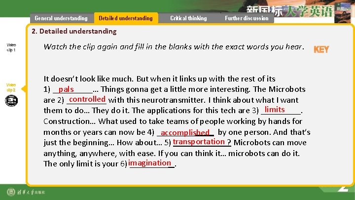 General understanding Detailed understanding Critical thinking Further discussion 2. Detailed understanding Video clip 1