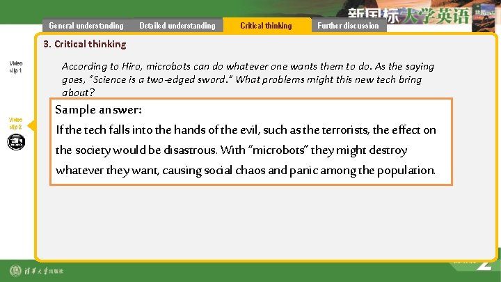 General understanding Detailed understanding Critical thinking Further discussion 3. Critical thinking Video clip 1