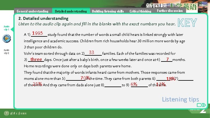 General understanding Audio clip 1 Audio clip 2 Detailed understanding Building listening skills Critical