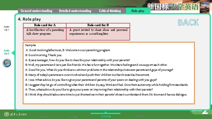 General understanding Detailed understanding Critical thinking Role play 4. Role play Audio clip 1