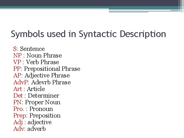 Symbols used in Syntactic Description S: Sentence NP : Noun Phrase VP : Verb