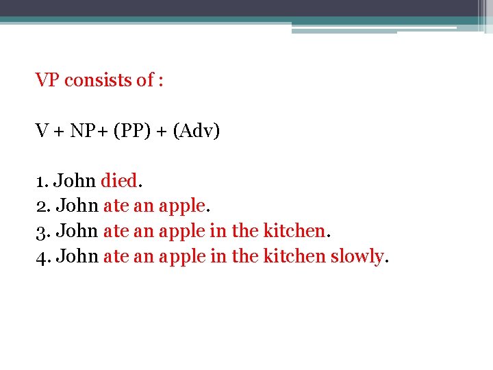 VP consists of : V + NP+ (PP) + (Adv) 1. John died. 2.