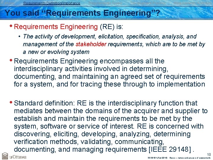 Failures Requirements Definition/Importance Requirements Types Development Process Requirements Activities You said “Requirements Engineering”? •
