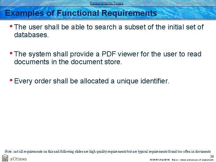 Failures Requirements Definition/Importance Requirements Types Development Process Requirements Activities Examples of Functional Requirements •