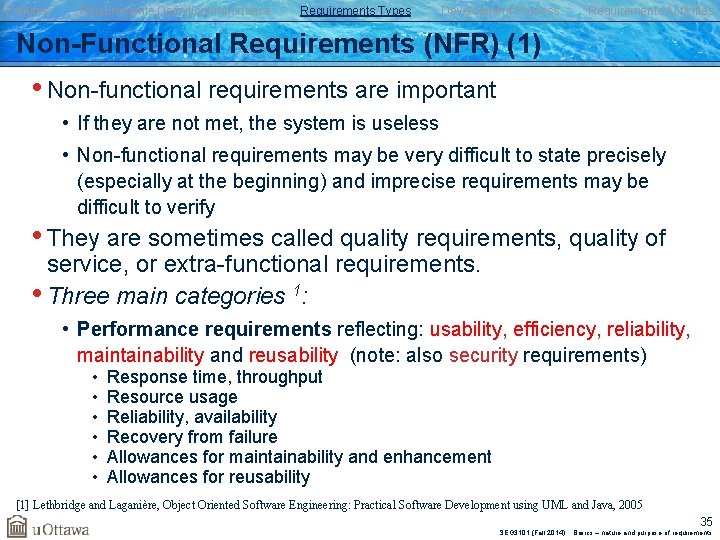 Failures Requirements Definition/Importance Requirements Types Development Process Requirements Activities Non-Functional Requirements (NFR) (1) •