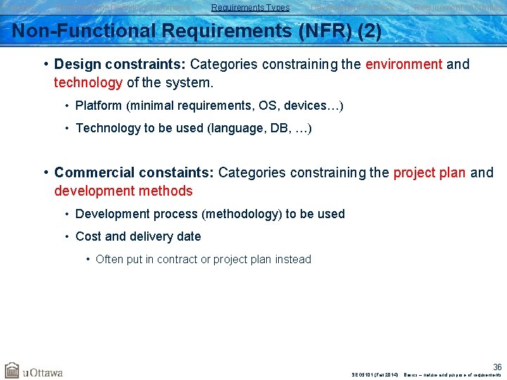 Failures Requirements Definition/Importance Requirements Types Development Process Requirements Activities Non-Functional Requirements (NFR) (2) •