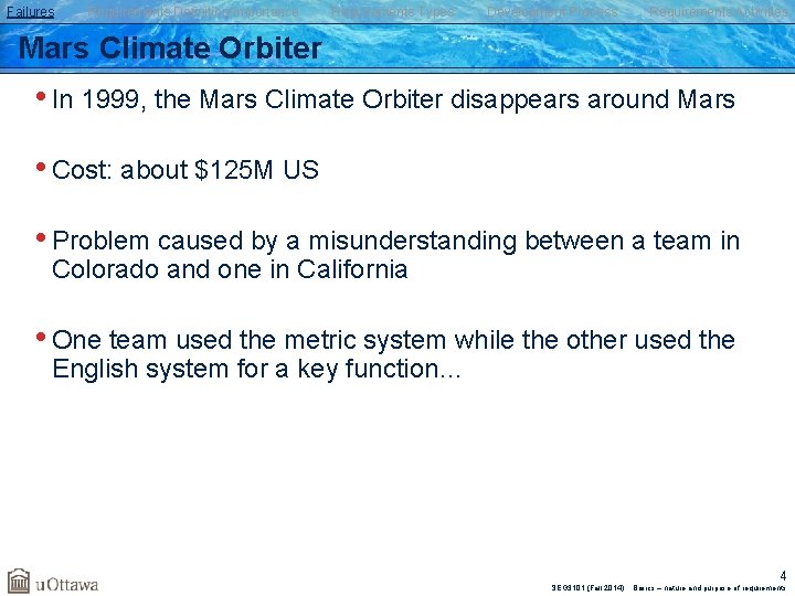 Failures Requirements Definition/Importance Requirements Types Development Process Requirements Activities Mars Climate Orbiter • In