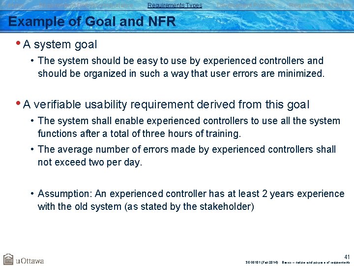 Failures Requirements Definition/Importance Requirements Types Development Process Requirements Activities Example of Goal and NFR