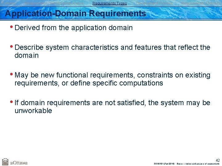 Failures Requirements Definition/Importance Requirements Types Development Process Requirements Activities Application-Domain Requirements • Derived from