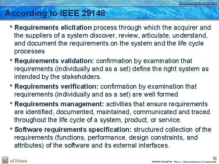 Failures Requirements Definition/Importance Requirements Types Development Process Requirements Activities According to IEEE 29148 •