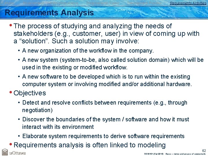 Failures Requirements Definition/Importance Requirements Types Development Process Requirements Activities Requirements Analysis • The process