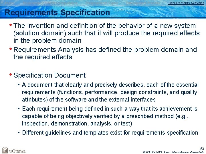 Failures Requirements Definition/Importance Requirements Types Development Process Requirements Activities Requirements Specification • The invention