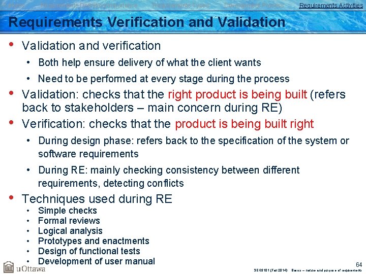 Failures Requirements Definition/Importance Requirements Types Development Process Requirements Activities Requirements Verification and Validation •