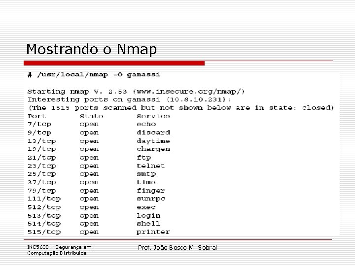 Mostrando o Nmap INE 5630 – Segurança em Computação Distribuída Prof. João Bosco M.