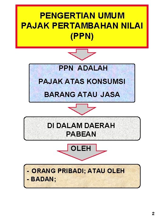 PENGERTIAN UMUM PAJAK PERTAMBAHAN NILAI (PPN) PPN ADALAH PAJAK ATAS KONSUMSI BARANG ATAU JASA