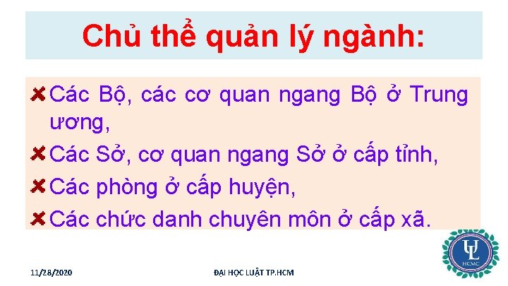 Chủ thể quản lý ngành: Các Bộ, các cơ quan ngang Bộ ở Trung