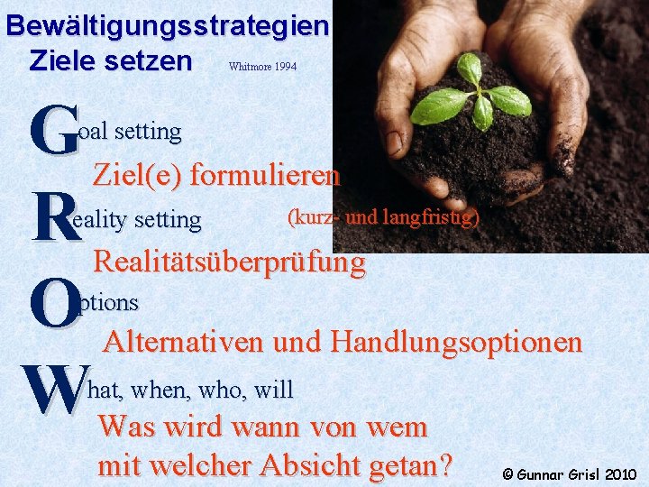 Bewältigungsstrategien Ziele setzen Whitmore 1994 G Ziel(e) formulieren R Realitätsüberprüfung O Alternativen und Handlungsoptionen