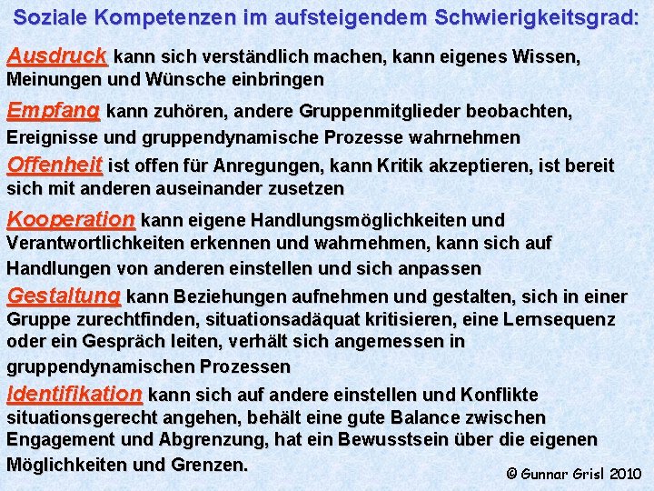 Soziale Kompetenzen im aufsteigendem Schwierigkeitsgrad: Ausdruck kann sich verständlich machen, kann eigenes Wissen, Meinungen