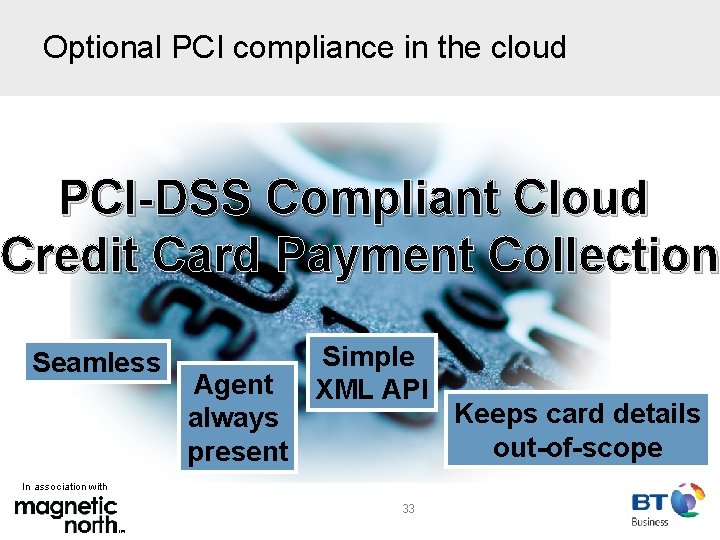 Optional PCI compliance in the cloud PCI-DSS Compliant Cloud Credit Card Payment Collection Seamless