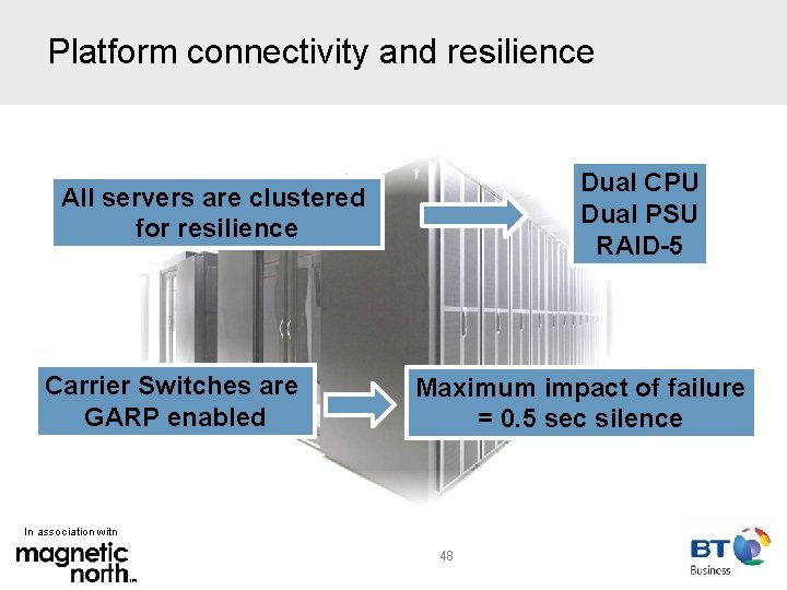 Platform connectivity and resilience Dual CPU Dual PSU RAID-5 All servers are clustered for