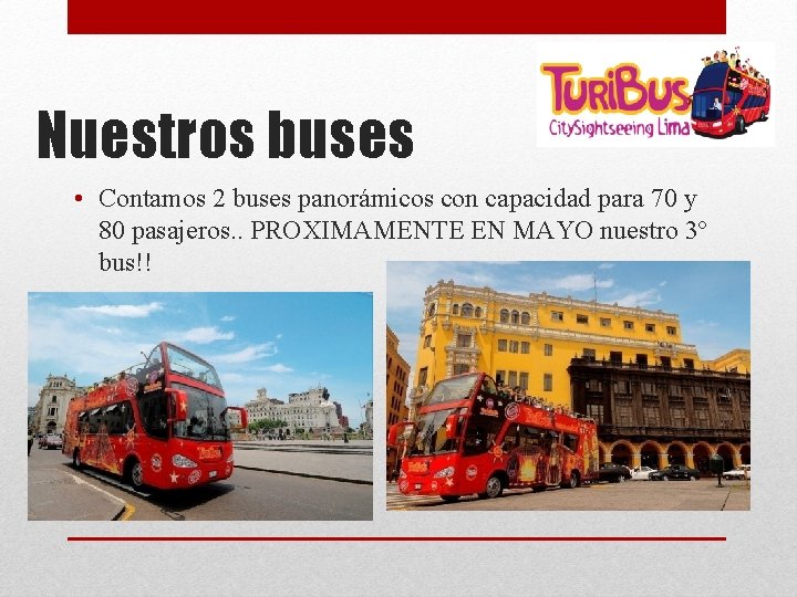 Nuestros buses • Contamos 2 buses panorámicos con capacidad para 70 y 80 pasajeros.