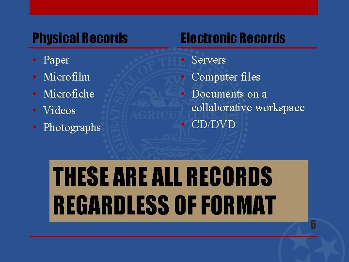 Physical Records Electronic Records • • • Servers • Computer files • Documents on