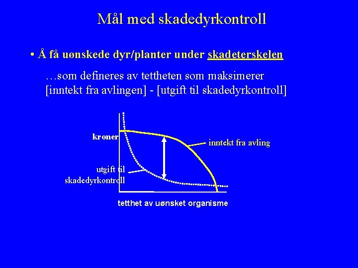 Mål med skadedyrkontroll • Å få uønskede dyr/planter under skadeterskelen …som defineres av tettheten