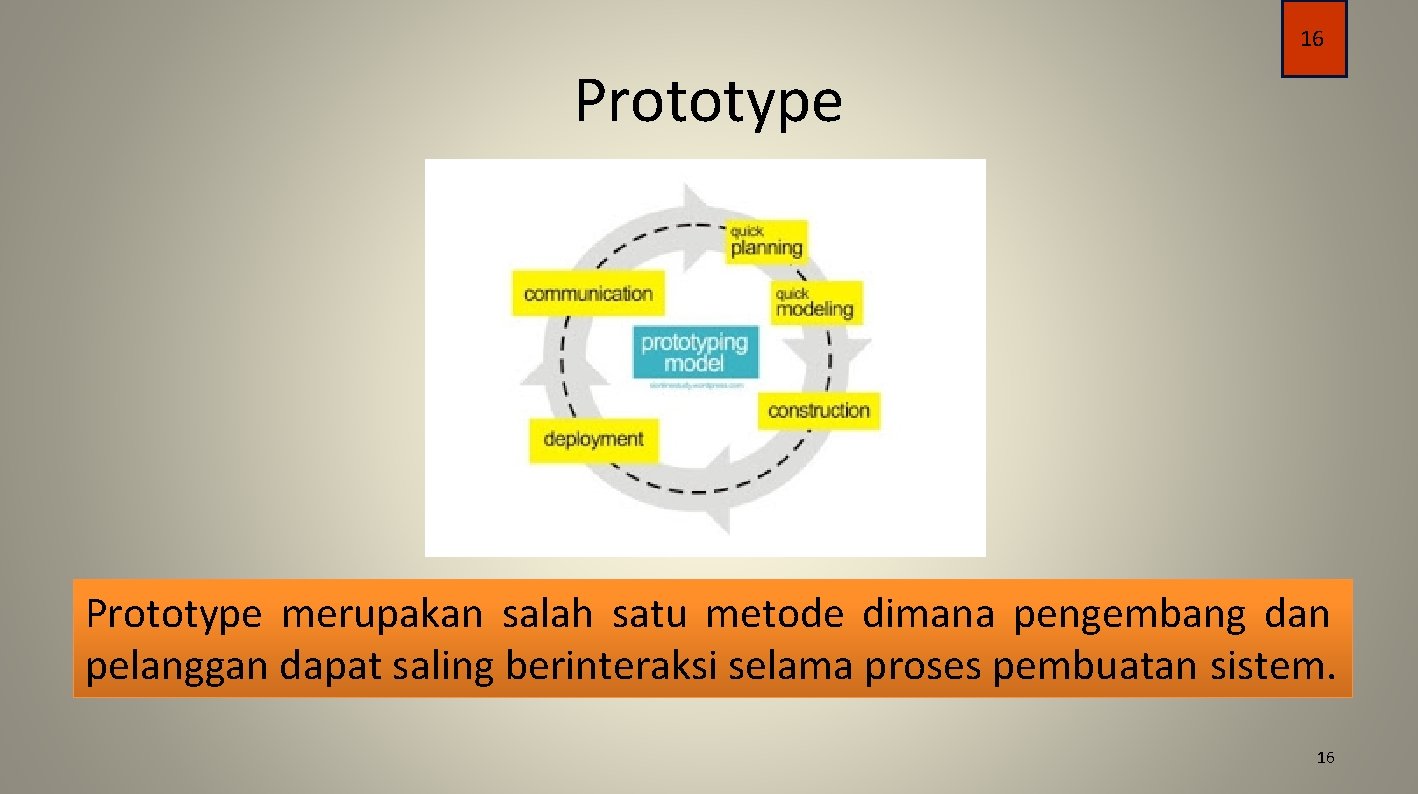 16 Prototype merupakan salah satu metode dimana pengembang dan pelanggan dapat saling berinteraksi selama