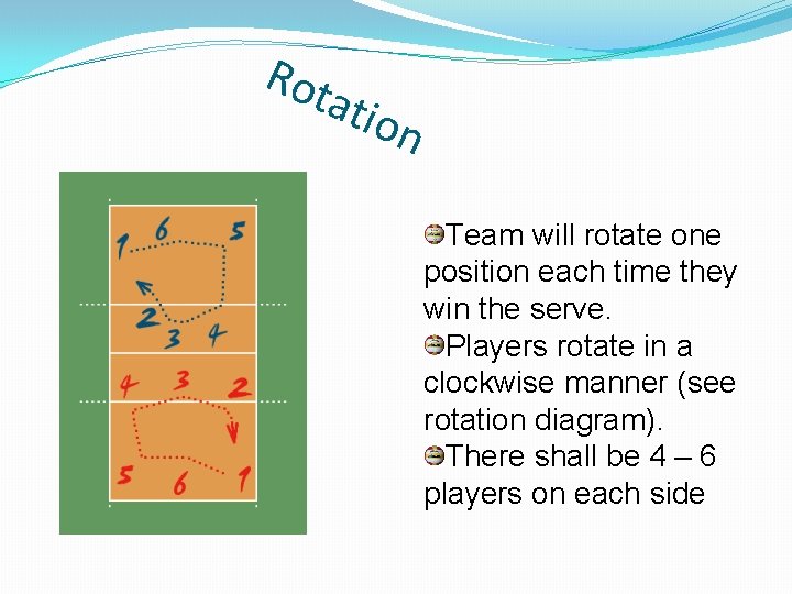 Rot atio n Team will rotate one position each time they win the serve. Rot atio n Team will rotate one position each time they win the serve.