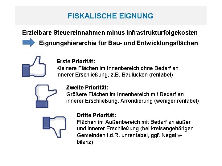 FISKALISCHE EIGNUNG Erzielbare Steuereinnahmen minus Infrastrukturfolgekosten Eignungshierarchie für Bau- und Entwicklungsflächen Erste Priorität: Kleinere