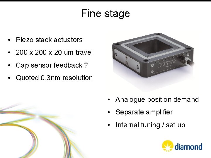 Fine stage • Piezo stack actuators • 200 x 20 um travel • Cap