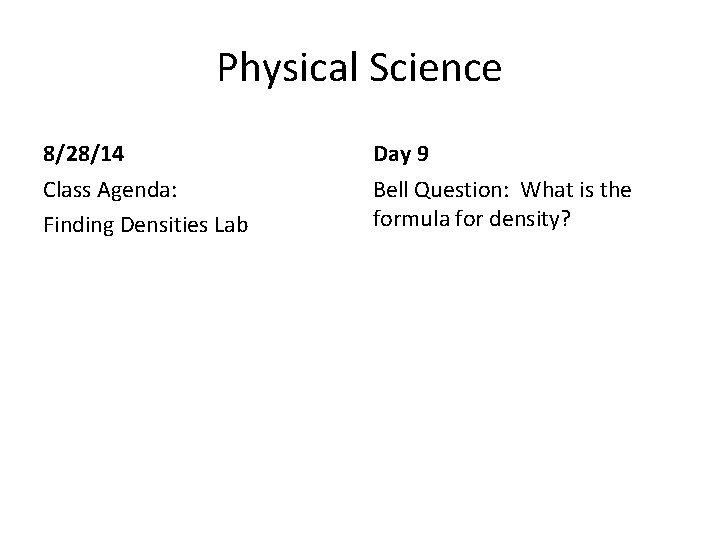 Physical Science 8/28/14 Day 9 Class Agenda: Finding Densities Lab Bell Question: What is Physical Science 8/28/14 Day 9 Class Agenda: Finding Densities Lab Bell Question: What is
