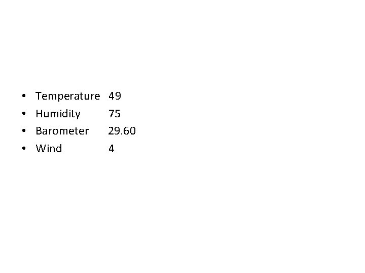 • • Temperature Humidity Barometer Wind 49 75 29. 60 4 • • Temperature Humidity Barometer Wind 49 75 29. 60 4