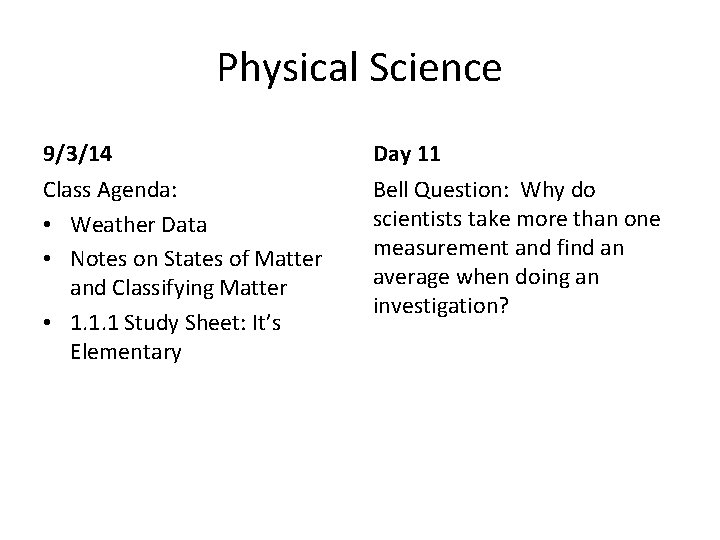 Physical Science 9/3/14 Day 11 Class Agenda: • Weather Data • Notes on States Physical Science 9/3/14 Day 11 Class Agenda: • Weather Data • Notes on States