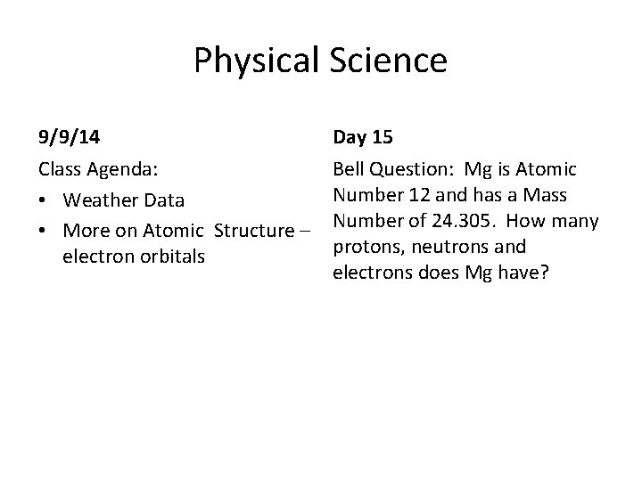 Physical Science 9/9/14 Day 15 Class Agenda: • Weather Data • More on Atomic Physical Science 9/9/14 Day 15 Class Agenda: • Weather Data • More on Atomic