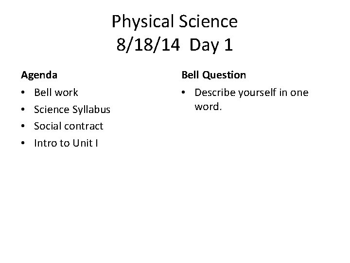 Physical Science 8/18/14 Day 1 Agenda • • Bell work Science Syllabus Social contract Physical Science 8/18/14 Day 1 Agenda • • Bell work Science Syllabus Social contract