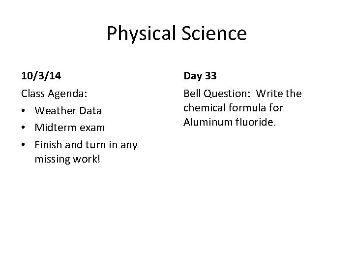 Physical Science 10/3/14 Day 33 Class Agenda: • Weather Data • Midterm exam • Physical Science 10/3/14 Day 33 Class Agenda: • Weather Data • Midterm exam •