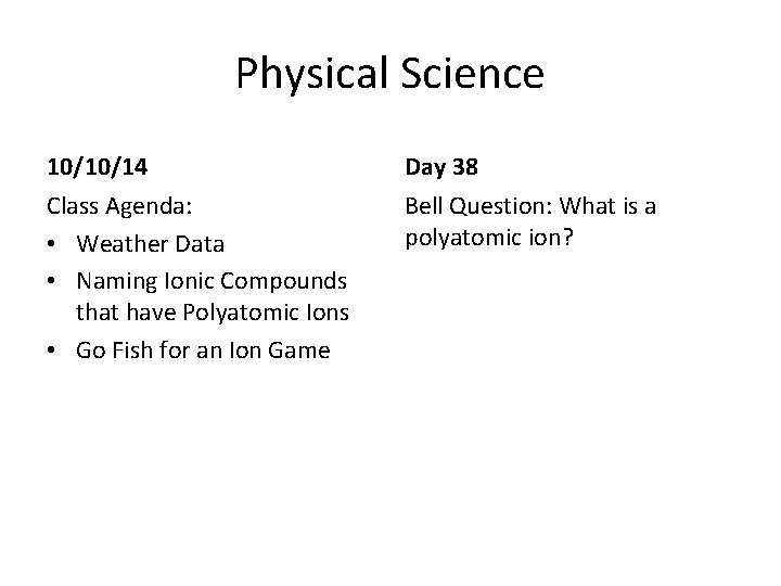 Physical Science 10/10/14 Day 38 Class Agenda: • Weather Data • Naming Ionic Compounds Physical Science 10/10/14 Day 38 Class Agenda: • Weather Data • Naming Ionic Compounds