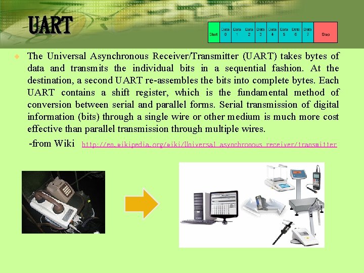 UART ¨ The Universal Asynchronous Receiver/Transmitter (UART) takes bytes of data and transmits the