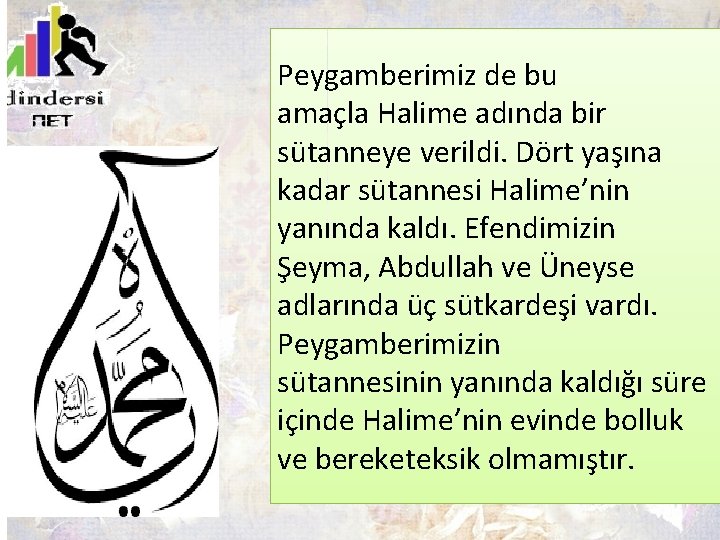 Peygamberimiz de bu amaçla Halime adında bir sütanneye verildi. Dört yaşına kadar sütannesi Halime’nin